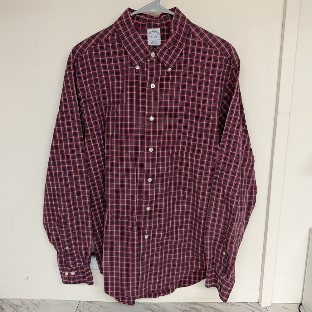 Brooks Brothers Shirt Mens Large Slim Fit Red / Navy Blue Plaid Button Up